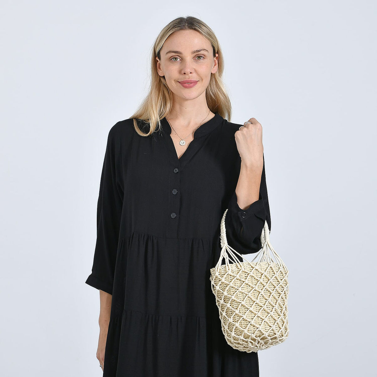 Bohemian Style Fishnet Bucket Bag - Beige V32522722 2