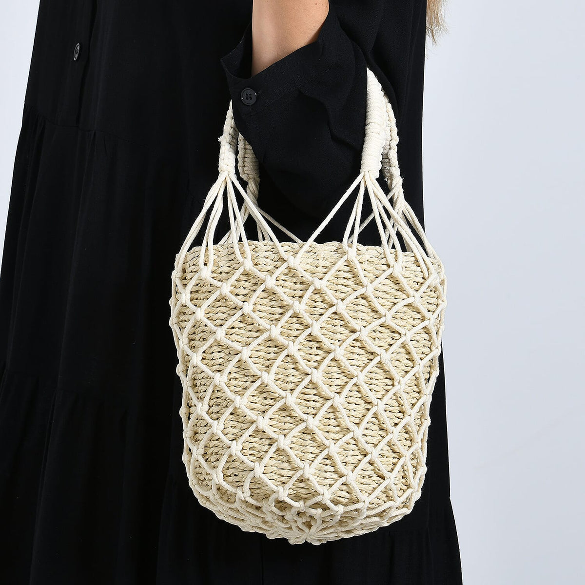 Bohemian Style Fishnet Bucket Bag - Beige V32522722 3