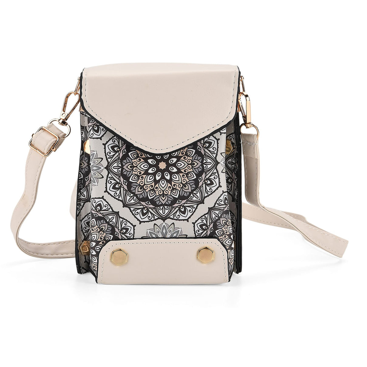 Embroidered Crossbody Bag with Long Adjustable Strap - Light Grey &amp; Cream 8224815 0