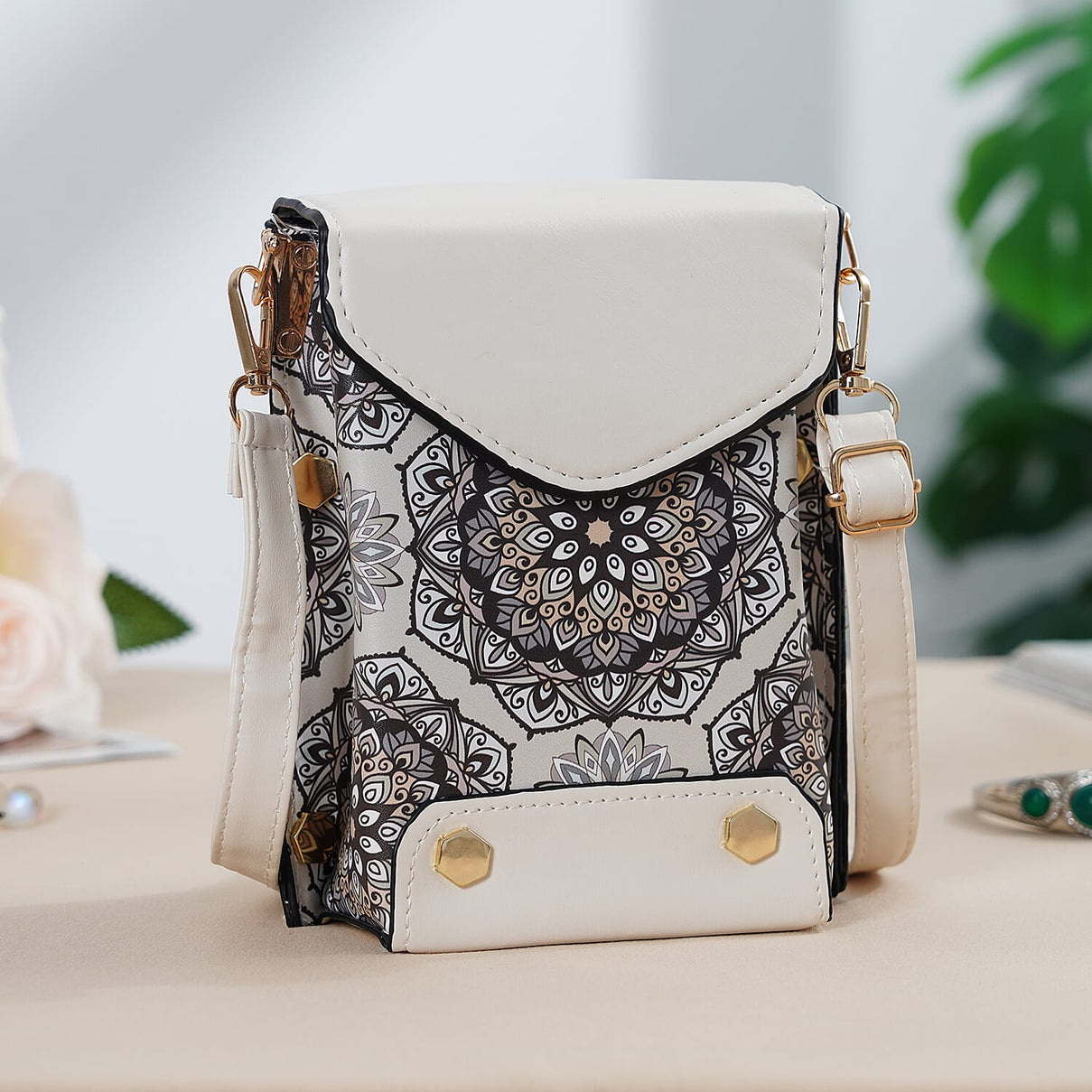 Embroidered Crossbody Bag with Long Adjustable Strap - Light Grey &amp; Cream 8224815 2