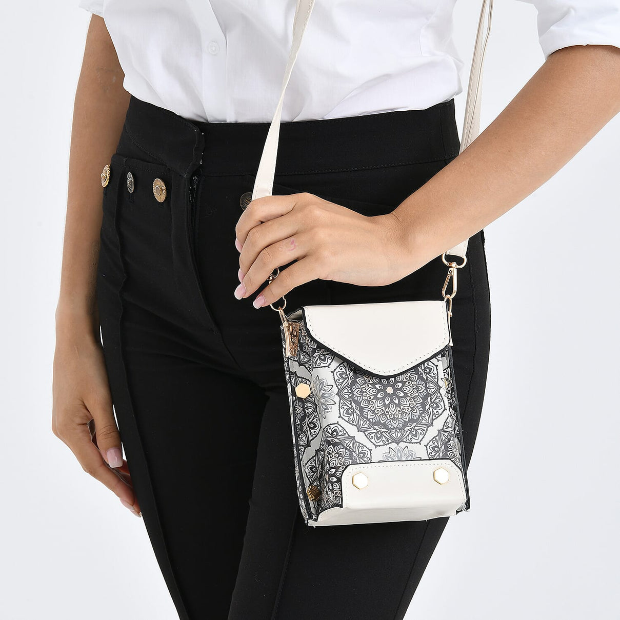 Embroidered Crossbody Bag with Long Adjustable Strap - Light Grey &amp; Cream 8224815 4