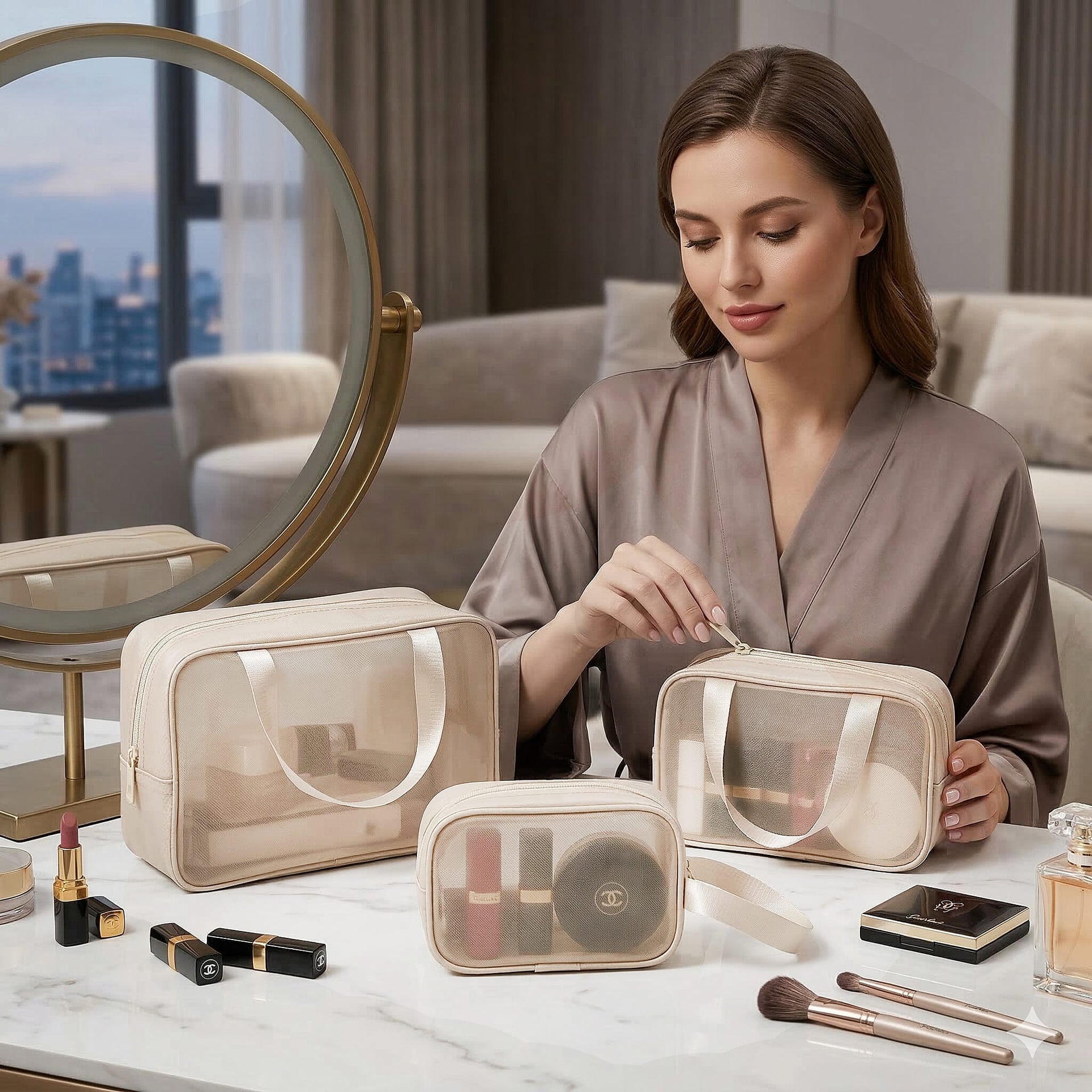 Set of 3 Cosmetic Storage Bags - Beige 8431242 3