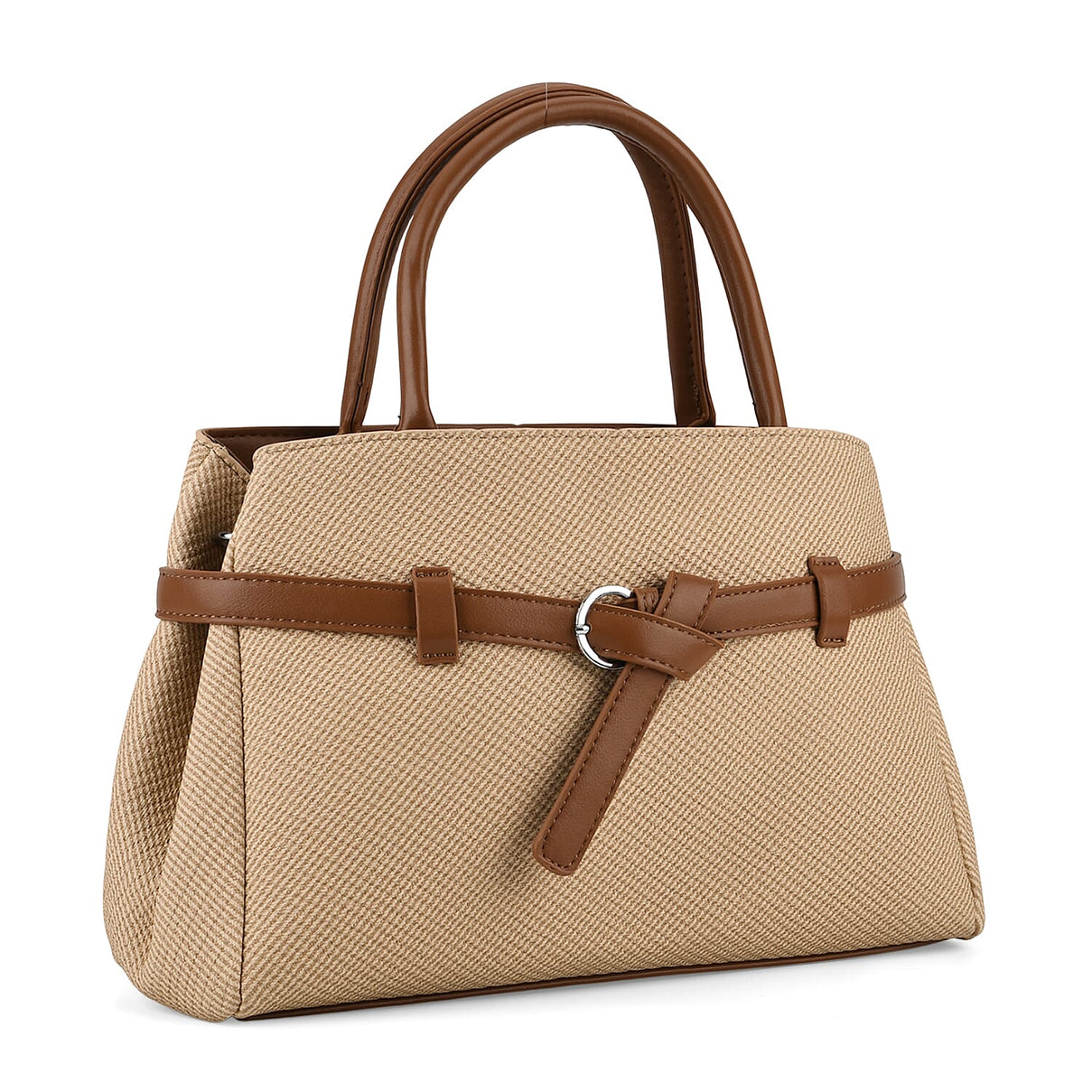 Designer Inspired Satchel-Style Handbag with Belt Detail - Beige V32537786 0