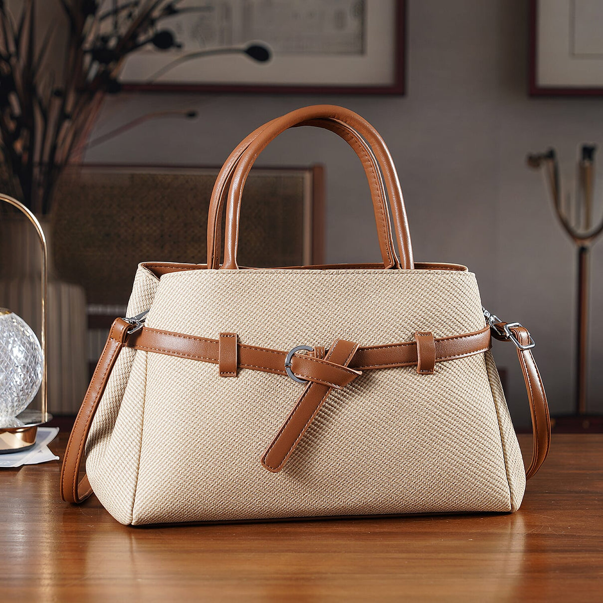 Designer Inspired Satchel-Style Handbag with Belt Detail - Beige V32537786 2