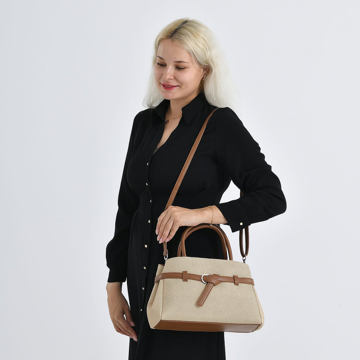 Designer Inspired Satchel-Style Handbag with Belt Detail - Beige V32537786 3