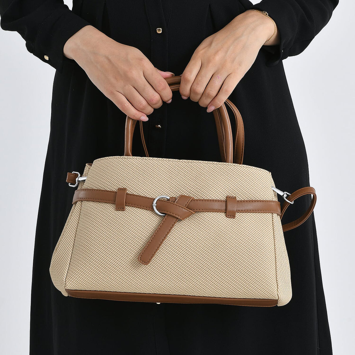 Designer Inspired Satchel-Style Handbag with Belt Detail - Beige V32537786 4