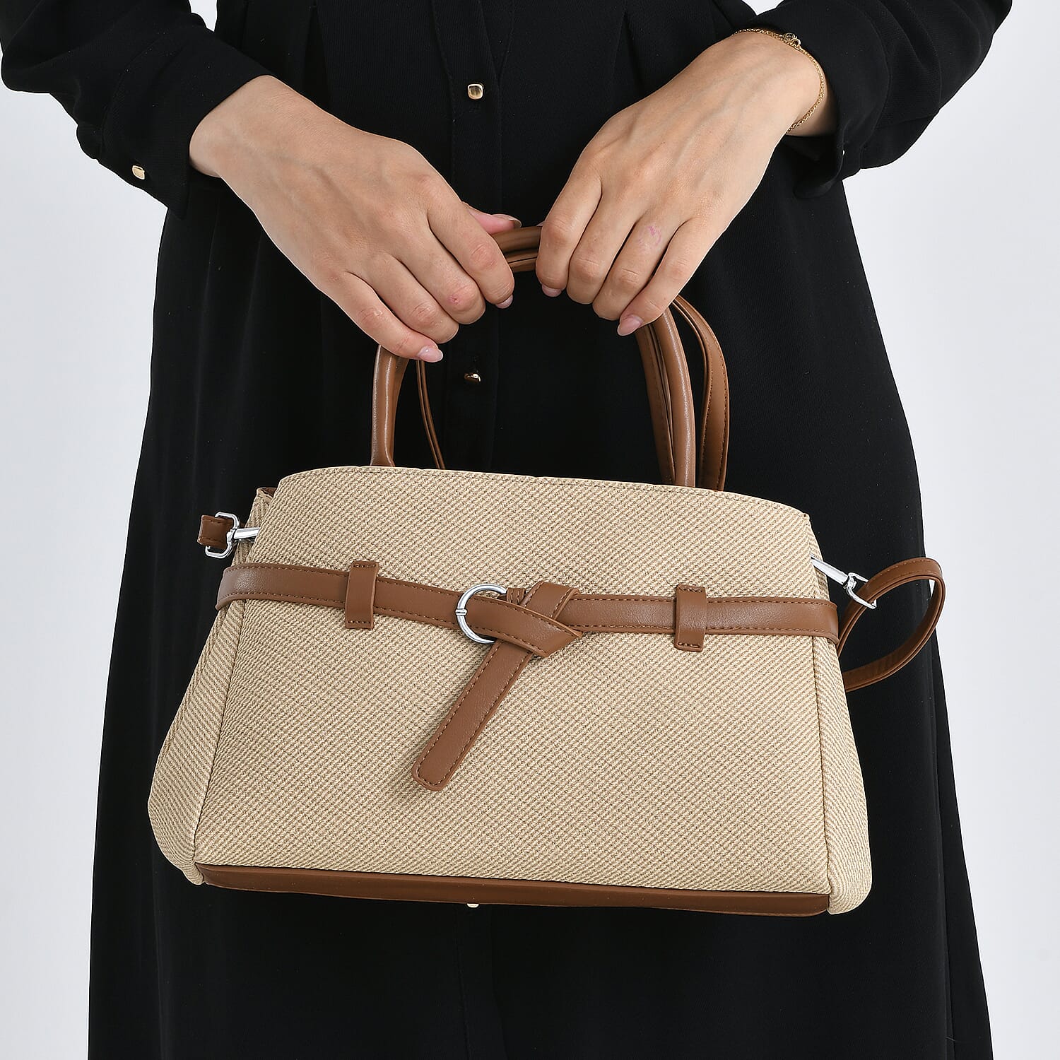 Designer Inspired Satchel-Style Handbag with Belt Detail - Beige V32537786 4