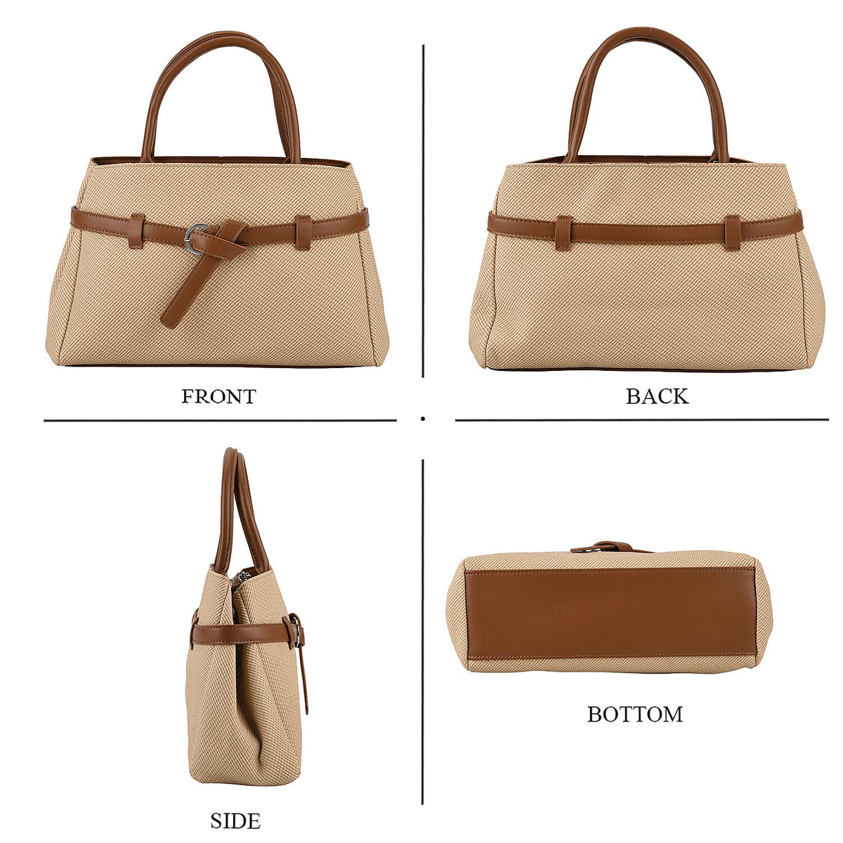 Designer Inspired Satchel-Style Handbag with Belt Detail - Beige V32537786 5
