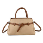 Designer Inspired Satchel-Style Handbag with Belt Detail - Beige
