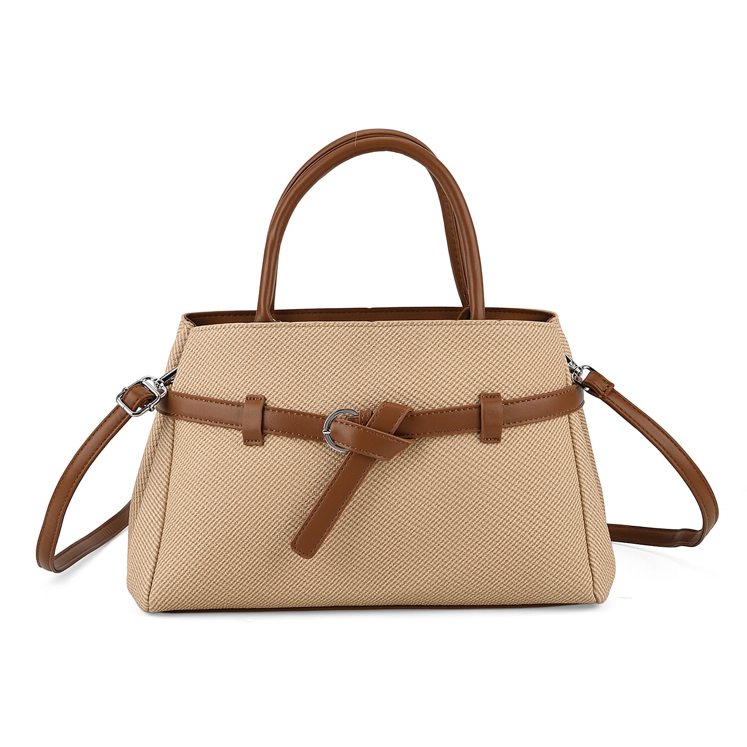 Designer Inspired Satchel-Style Handbag with Belt Detail - Beige V32537786 6