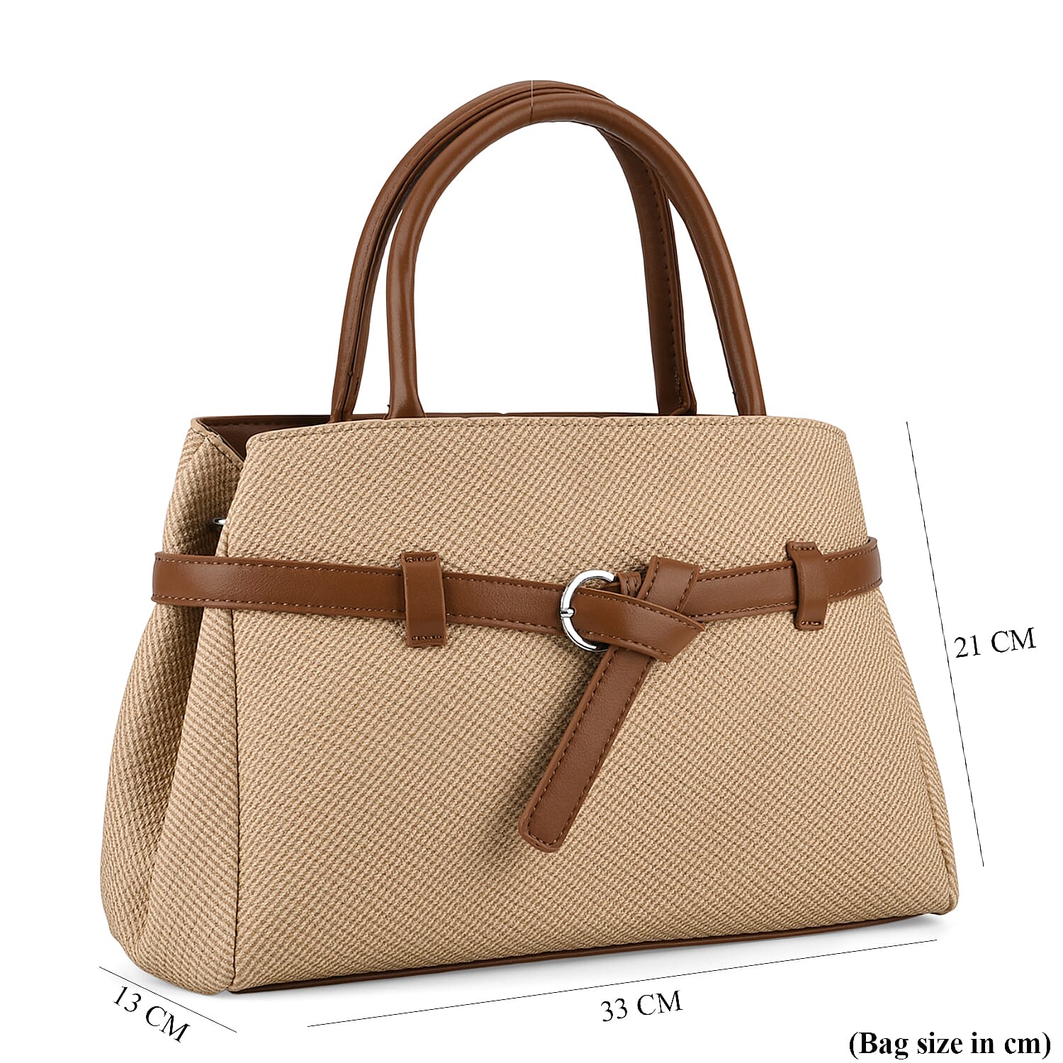 Designer Inspired Satchel-Style Handbag with Belt Detail - Beige V32537786 9