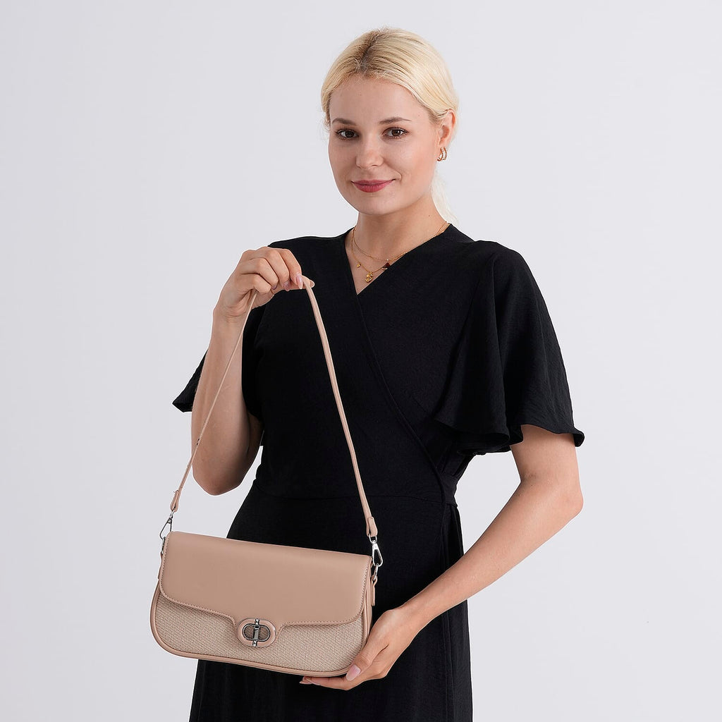 Designer Inspired - Convertible Dual-Strap Convertible Baguette Crossbody & Shoulder Bag - Camel