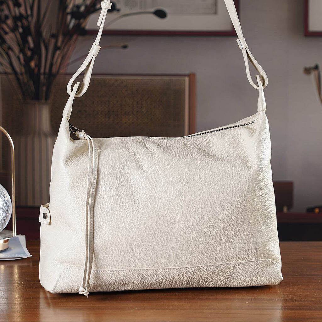 Valissiere Genuine Leather Shoulder Hobo Crossbody Bag - Beige