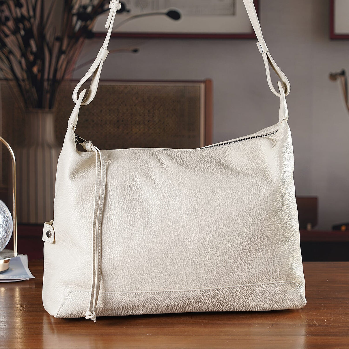 Valissiere Genuine Leather Shoulder Hobo Crossbody Bag - Beige 8481834 2
