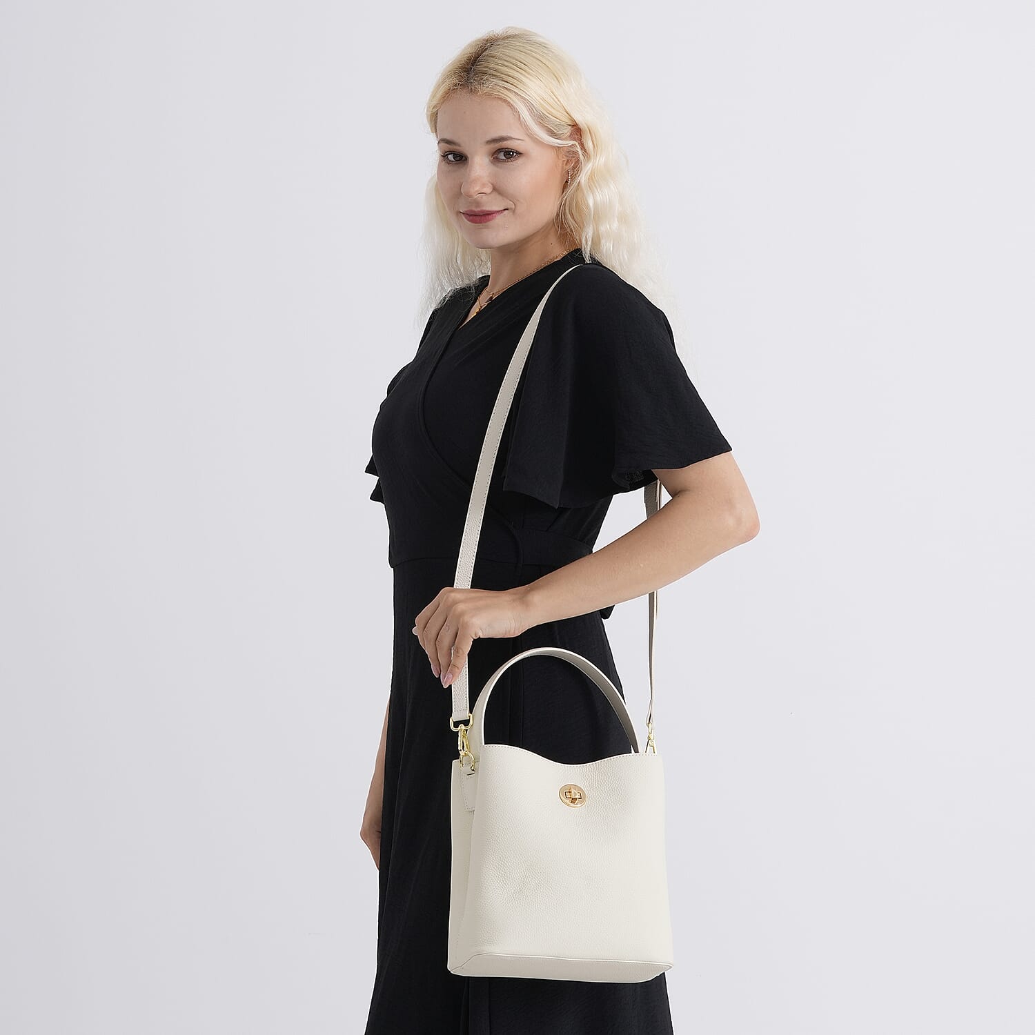 Valissiere Genuine Leather Top-Handle Bucket Bag With Detachable Crossbody Strap - Beige 8481863 3