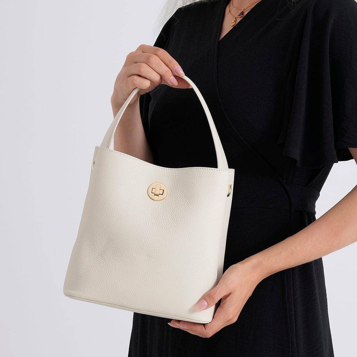 Valissiere Genuine Leather Top-Handle Bucket Bag With Detachable Crossbody Strap - Beige 8481863 4