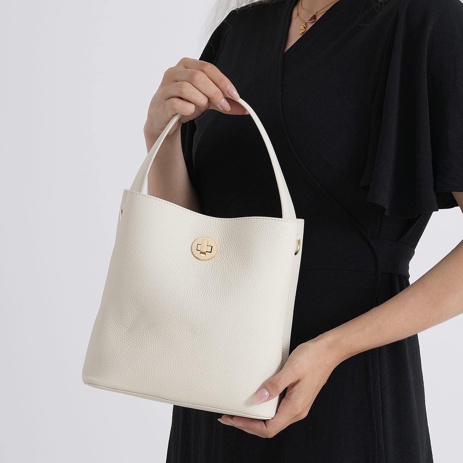 Valissiere Genuine Leather Top-Handle Bucket Bag With Detachable Crossbody Strap - Beige 8481863 4