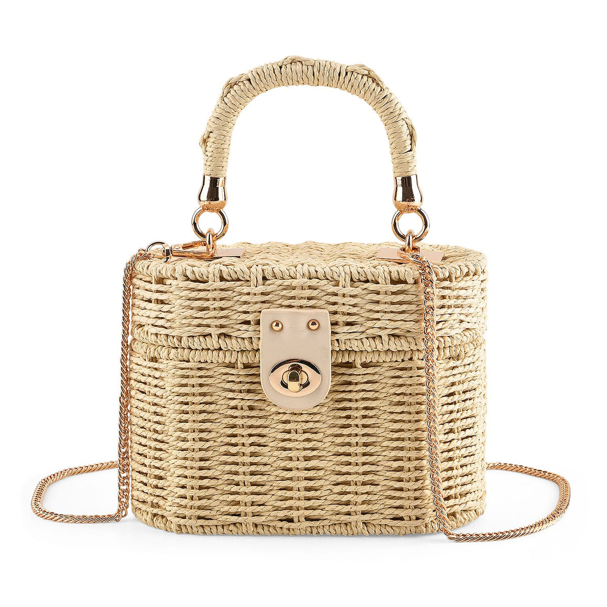 Vintage Style Straw Box Bag with Twist-Lock Clasp &amp; Gold Chain Strap - Beige 8501162 0