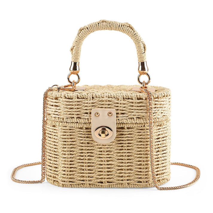 Vintage Style Straw Box Bag with Twist-Lock Clasp &amp; Gold Chain Strap - Green. 8501160 1