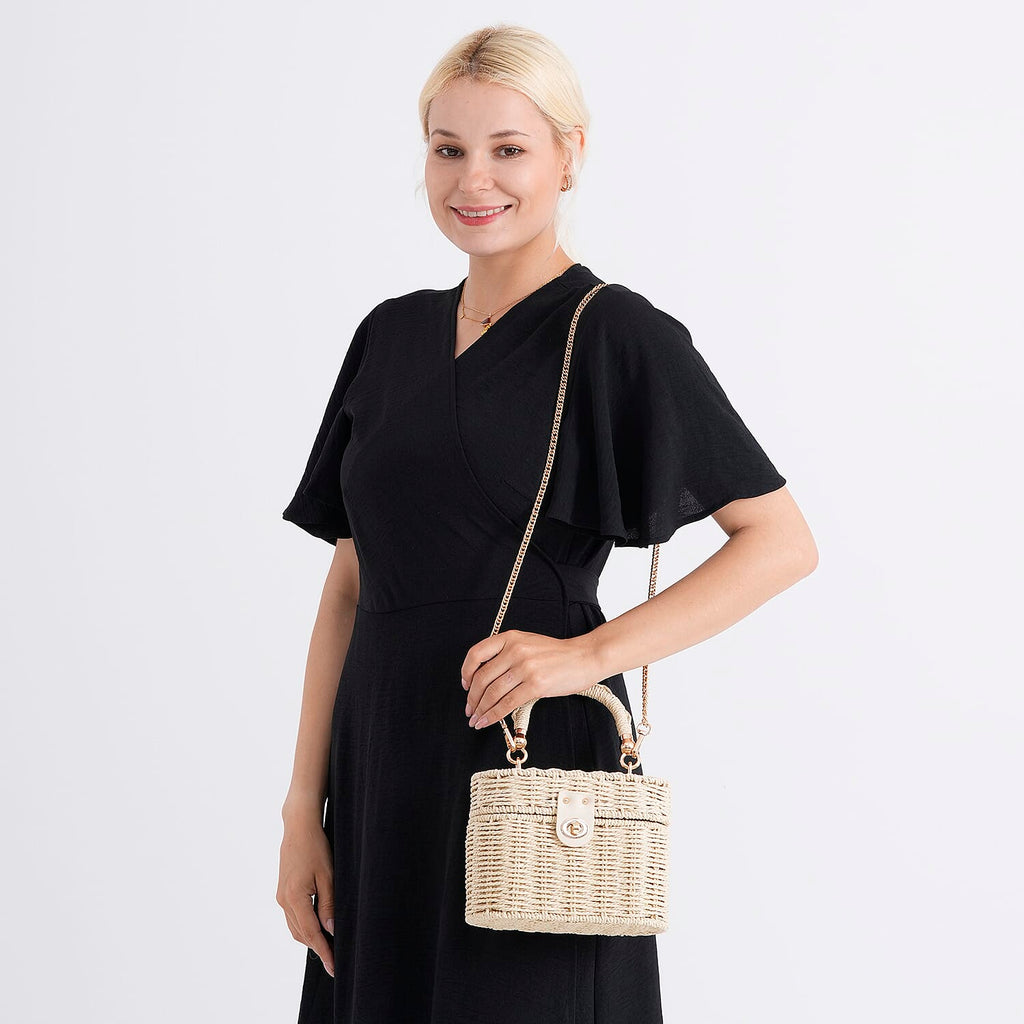Vintage Style Straw Box Bag with Twist-Lock Clasp & Gold Chain Strap - Beige