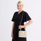 Vintage Style Straw Box Bag with Twist-Lock Clasp & Gold Chain Strap - Beige