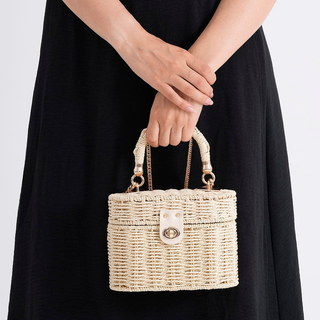 Vintage Style Straw Box Bag with Twist-Lock Clasp & Gold Chain Strap - Beige