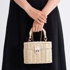 Vintage Style Straw Box Bag with Twist-Lock Clasp & Gold Chain Strap - Beige