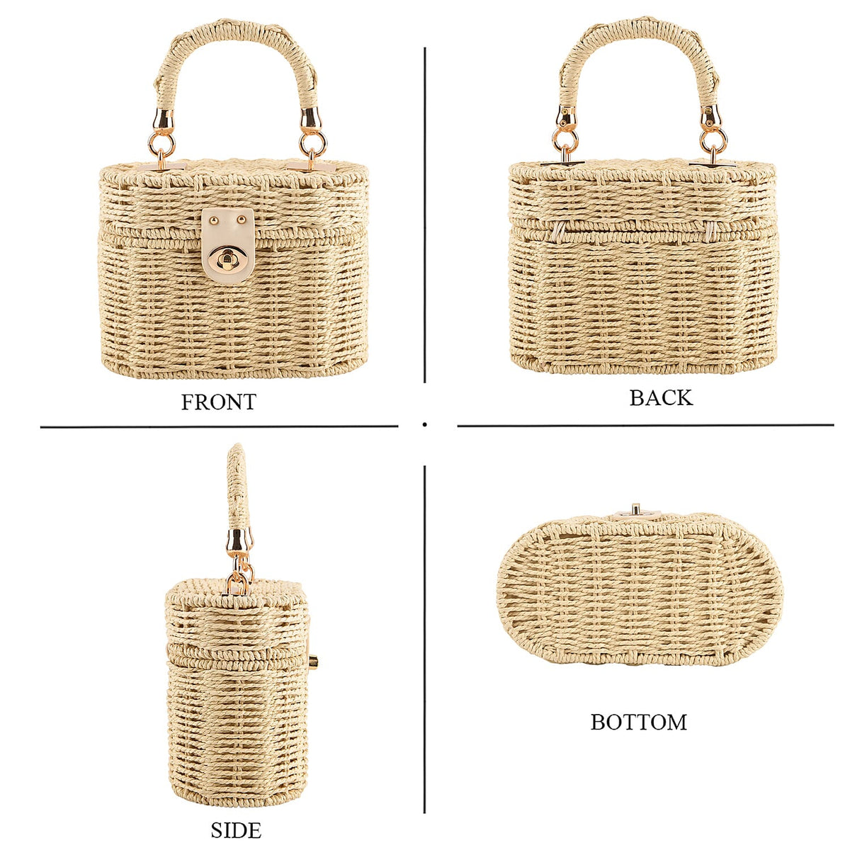 Vintage Style Straw Box Bag with Twist-Lock Clasp &amp; Gold Chain Strap - Beige 8501162 5