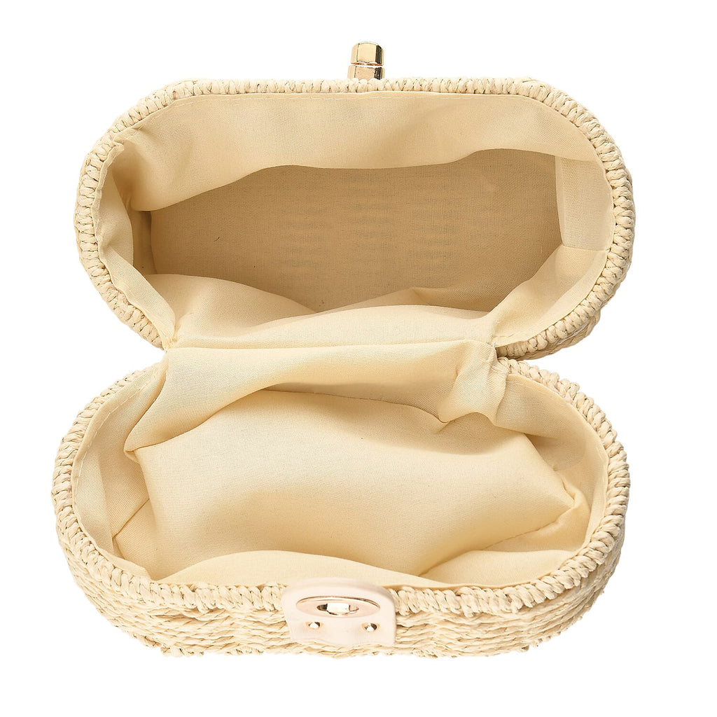 Vintage Style Straw Box Bag with Twist-Lock Clasp & Gold Chain Strap - Beige