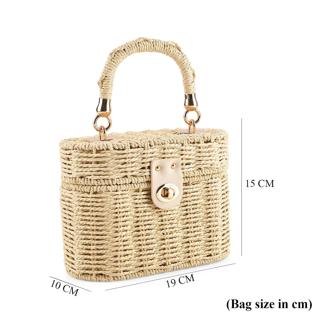 Vintage Style Straw Box Bag with Twist-Lock Clasp & Gold Chain Strap - Beige