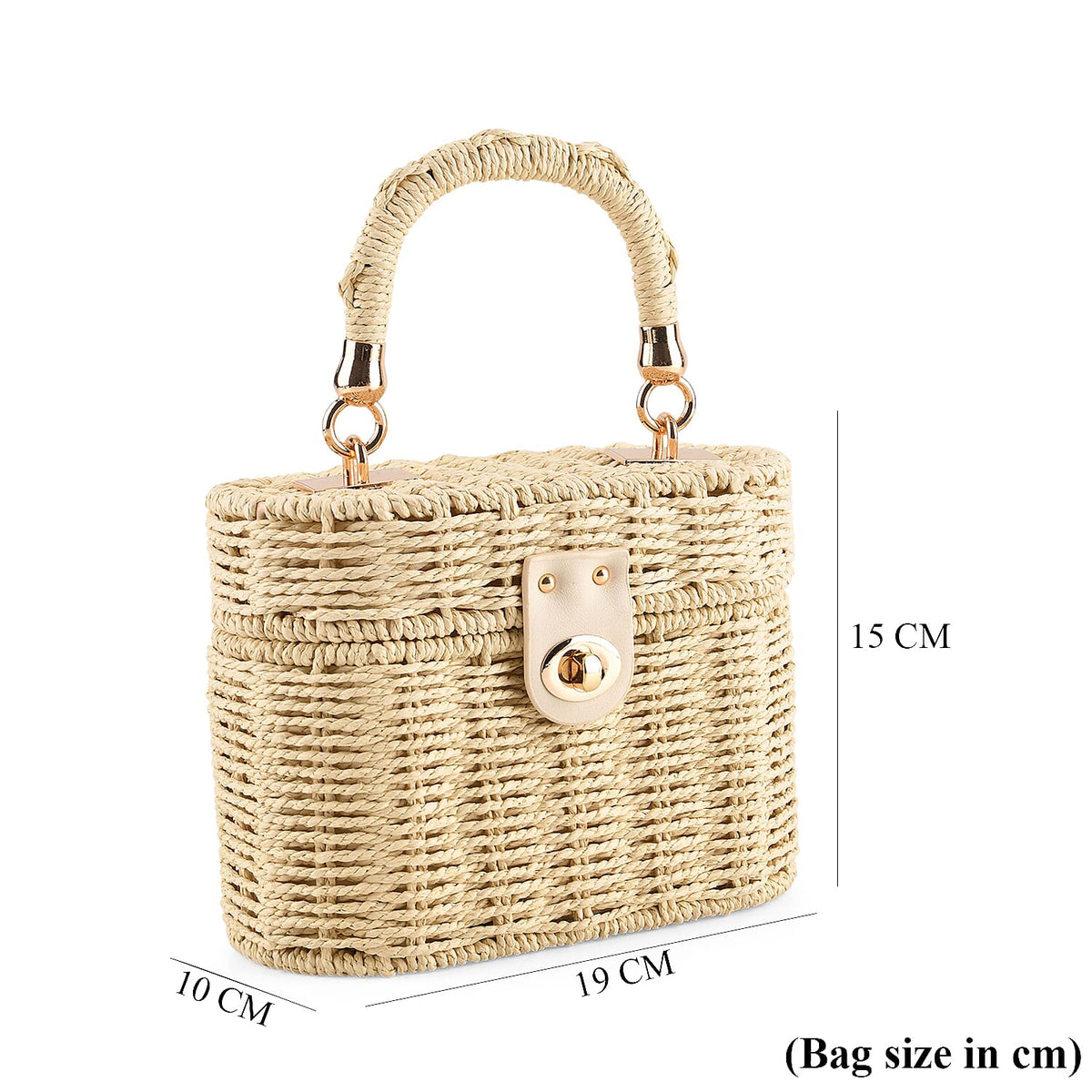 Vintage Style Straw Box Bag with Twist-Lock Clasp &amp; Gold Chain Strap - Beige 8501162 7