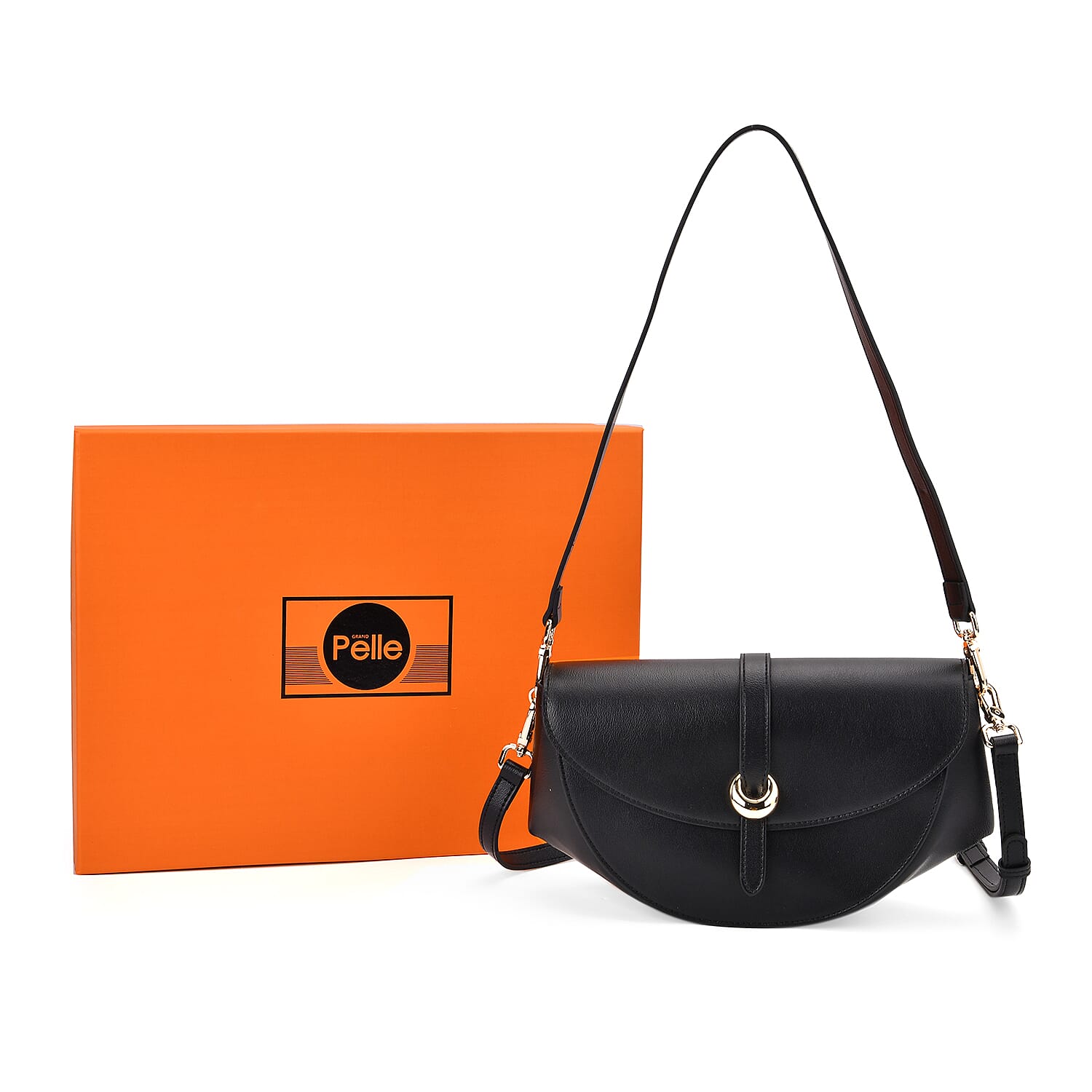 Grand Pelle Genuine Leather Shoulder Bag with Curved Flap and Adjustable Strap 8033664 8