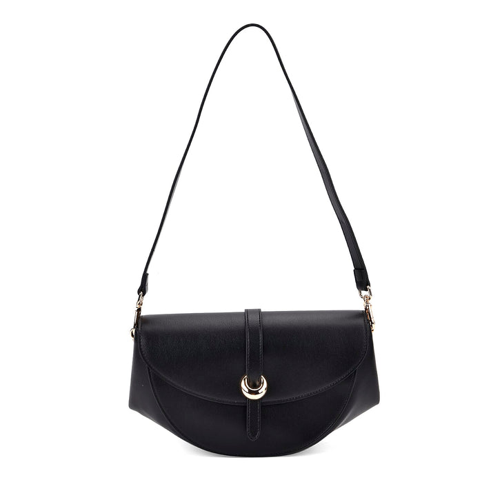 Genuine Leather Shoulder Bag with Curved Design - Black 8033678 1