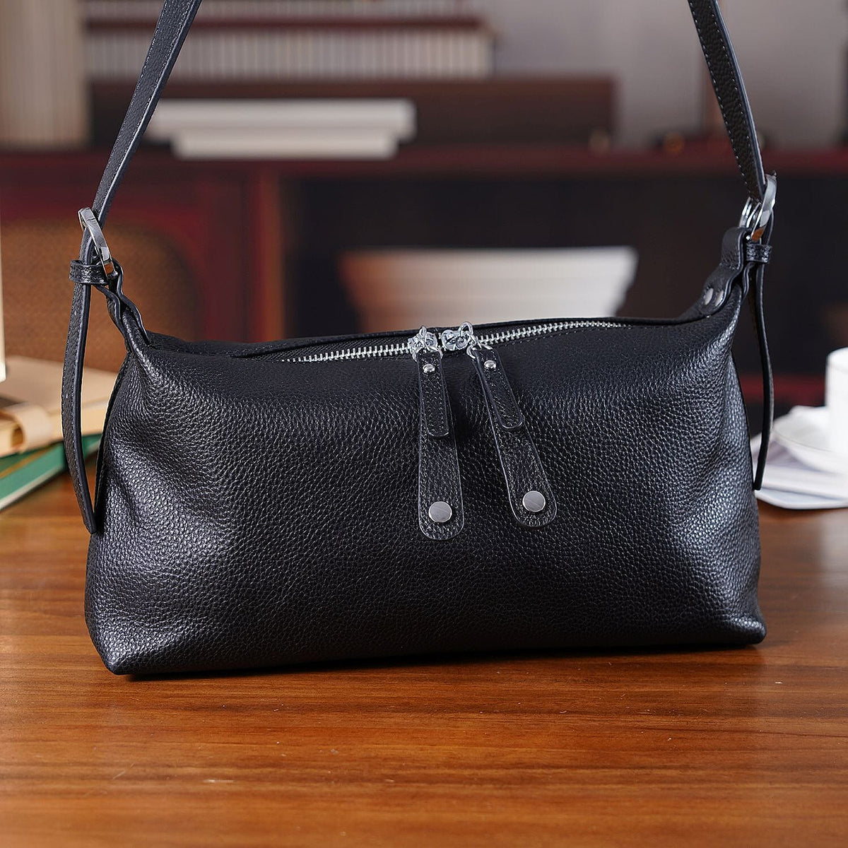 100% Genuine Leather Full Grain Crossbody Bag with Adjustable Strap - Black 8160703 2