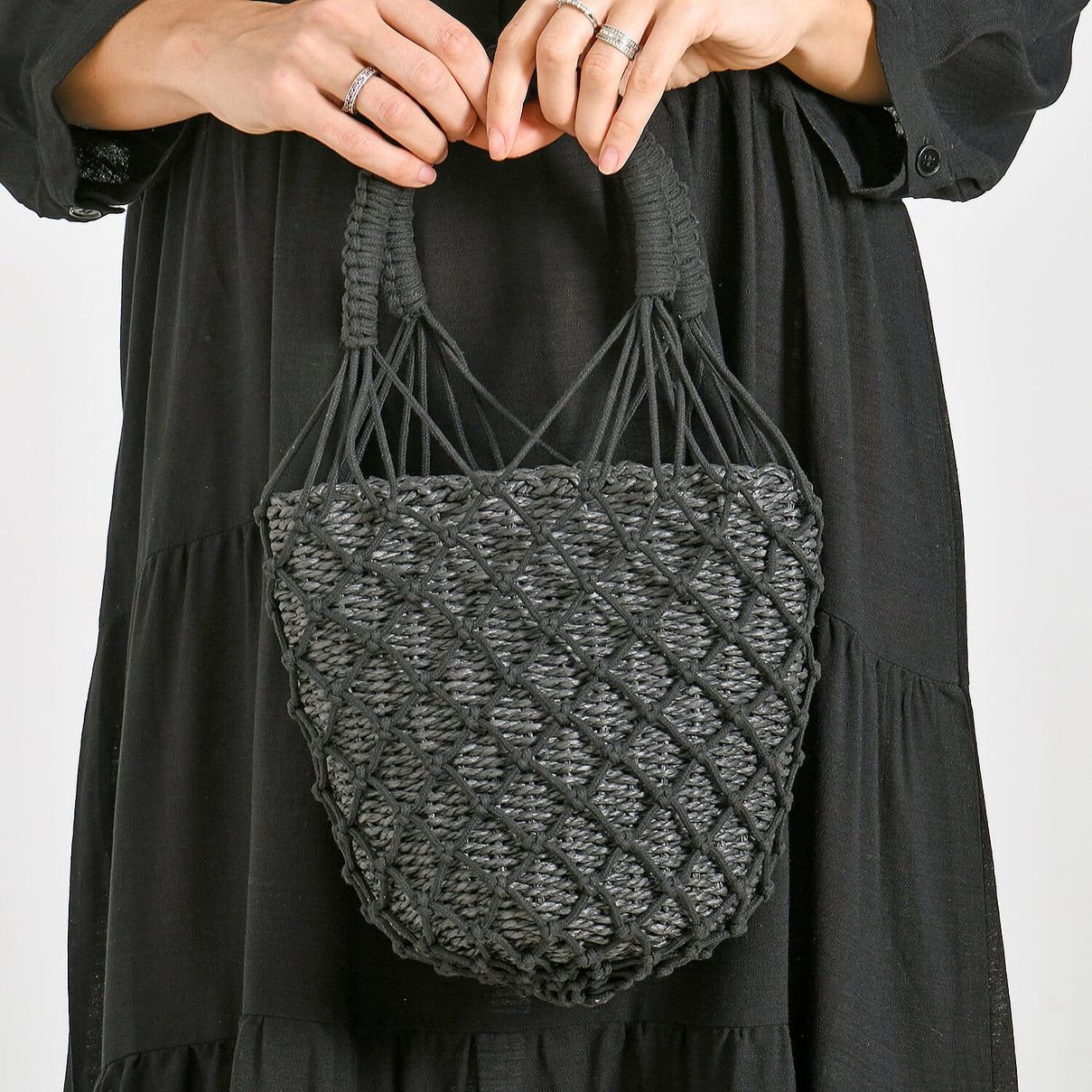Bohemian Style Fishnet Bucket Bag - Black 8044496 3