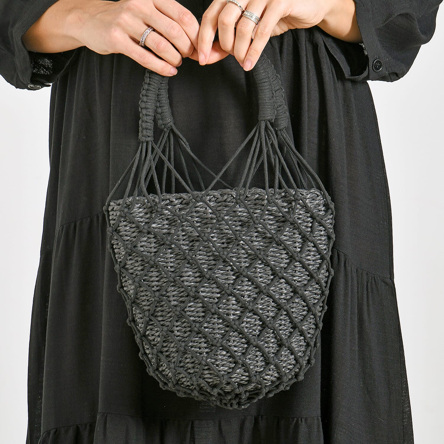 Bohemian Style Fishnet Bucket Bag - Black 8044496 3