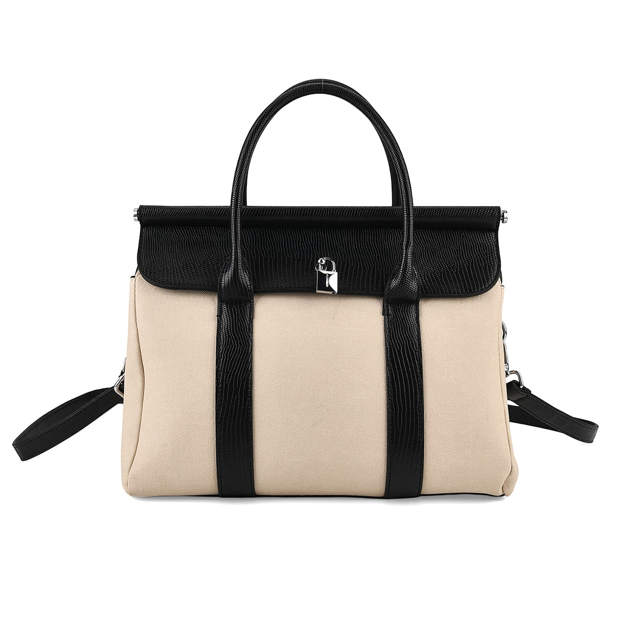 Elegant Herringbone Lined Satchel Handbag with Adjustable Strap - Black &amp; Off-White 8413844 0