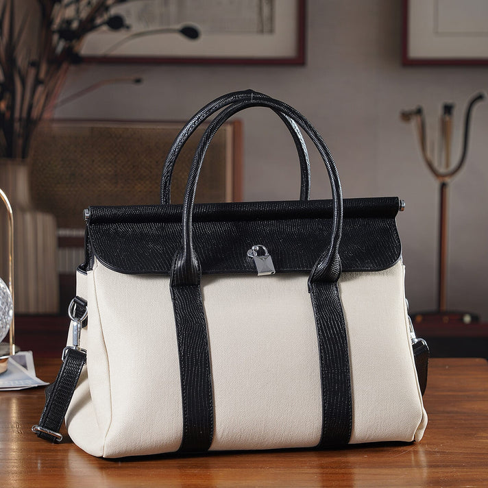 Elegant Herringbone Lined Satchel Handbag with Adjustable Strap - Black &amp; Off-White 8413844 2