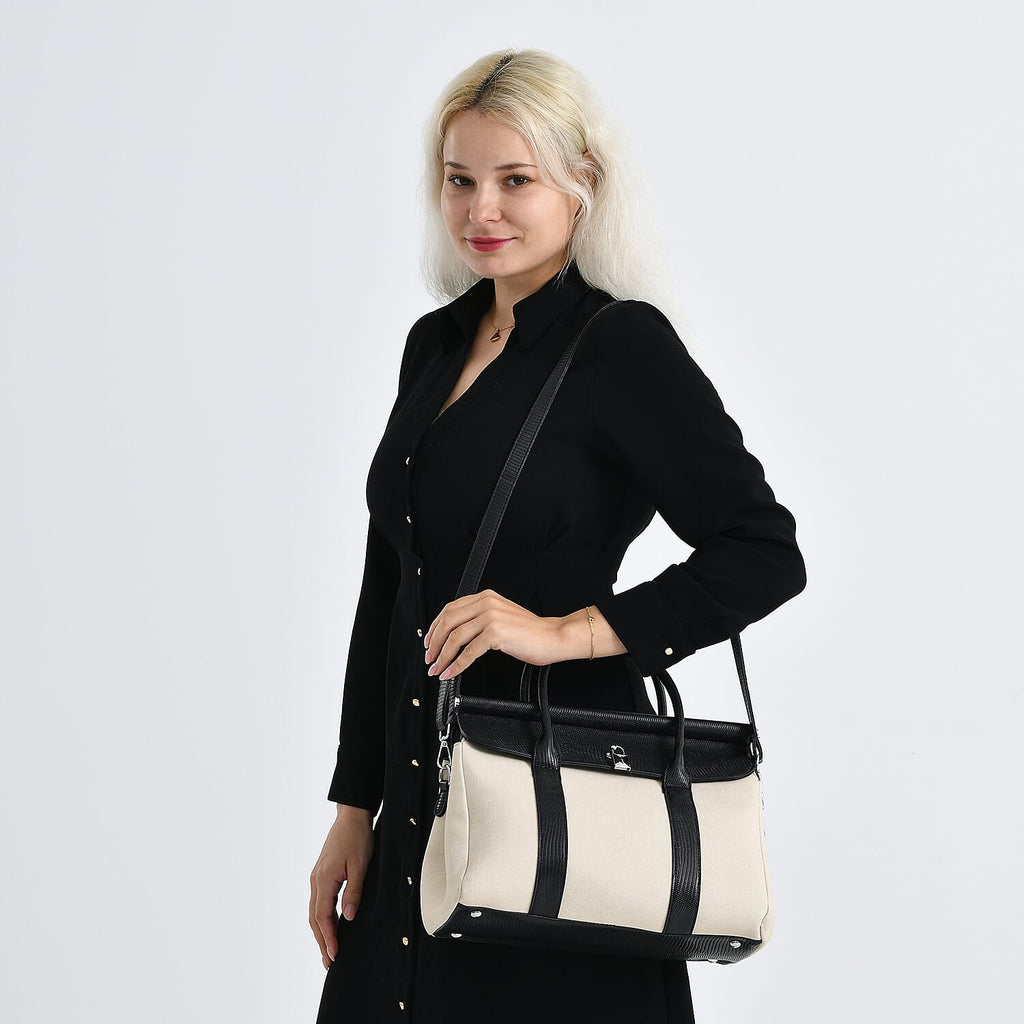 Elegant Herringbone Lined Satchel Handbag with Adjustable Strap - Black & Off-White