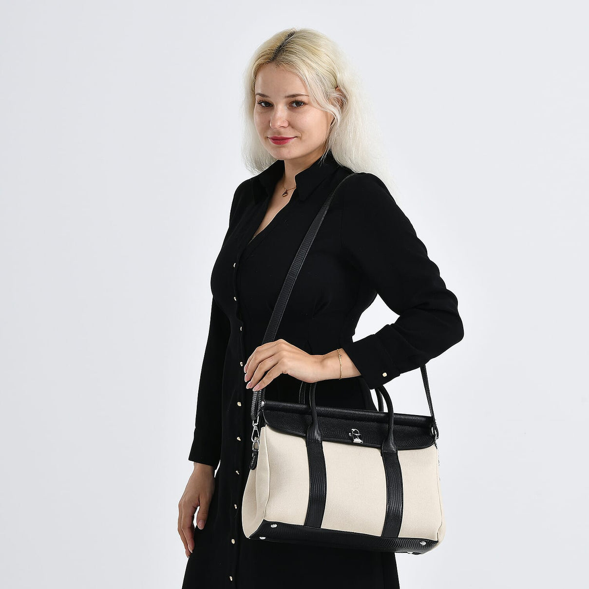 Elegant Herringbone Lined Satchel Handbag with Adjustable Strap - Black &amp; Off-White 8413844 3