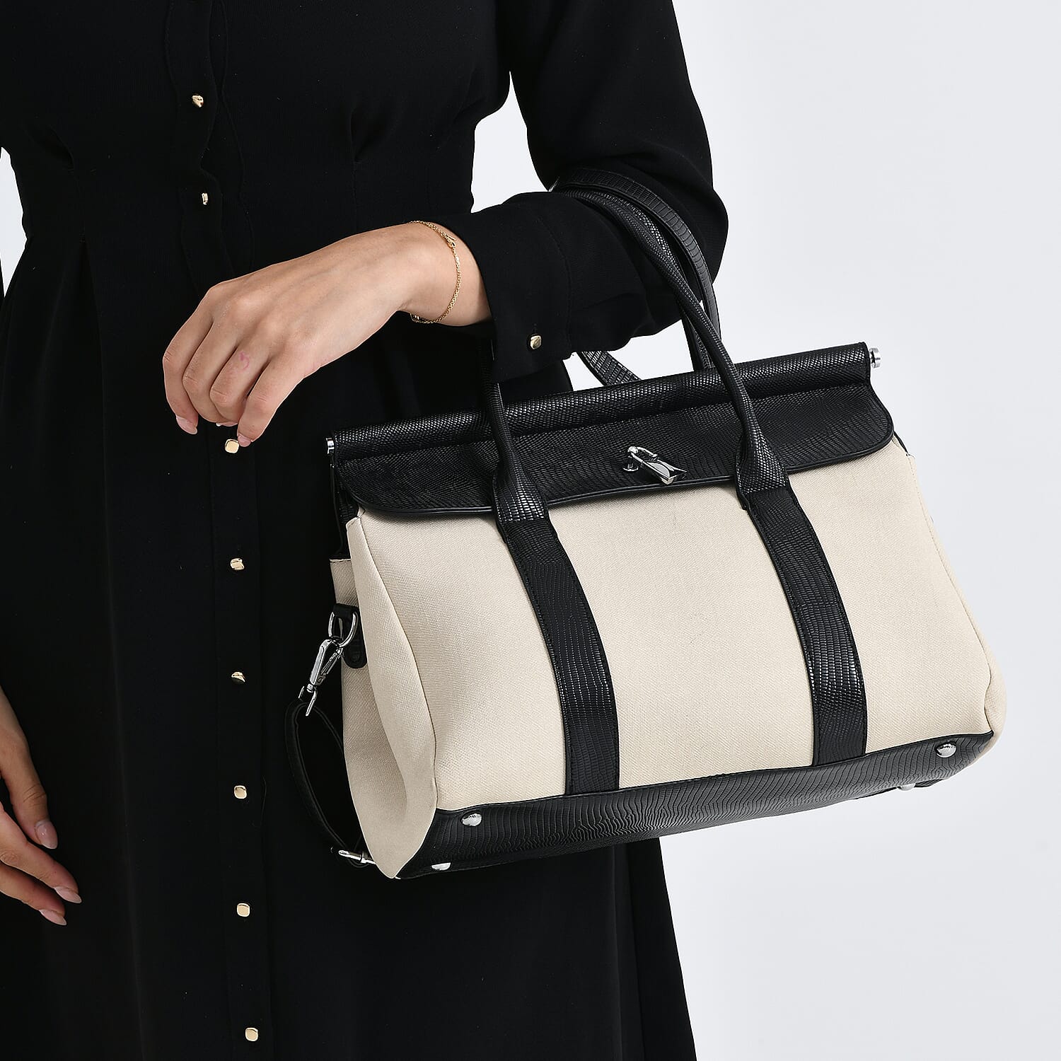 Elegant Herringbone Lined Satchel Handbag with Adjustable Strap - Black &amp; Off-White 8413844 4