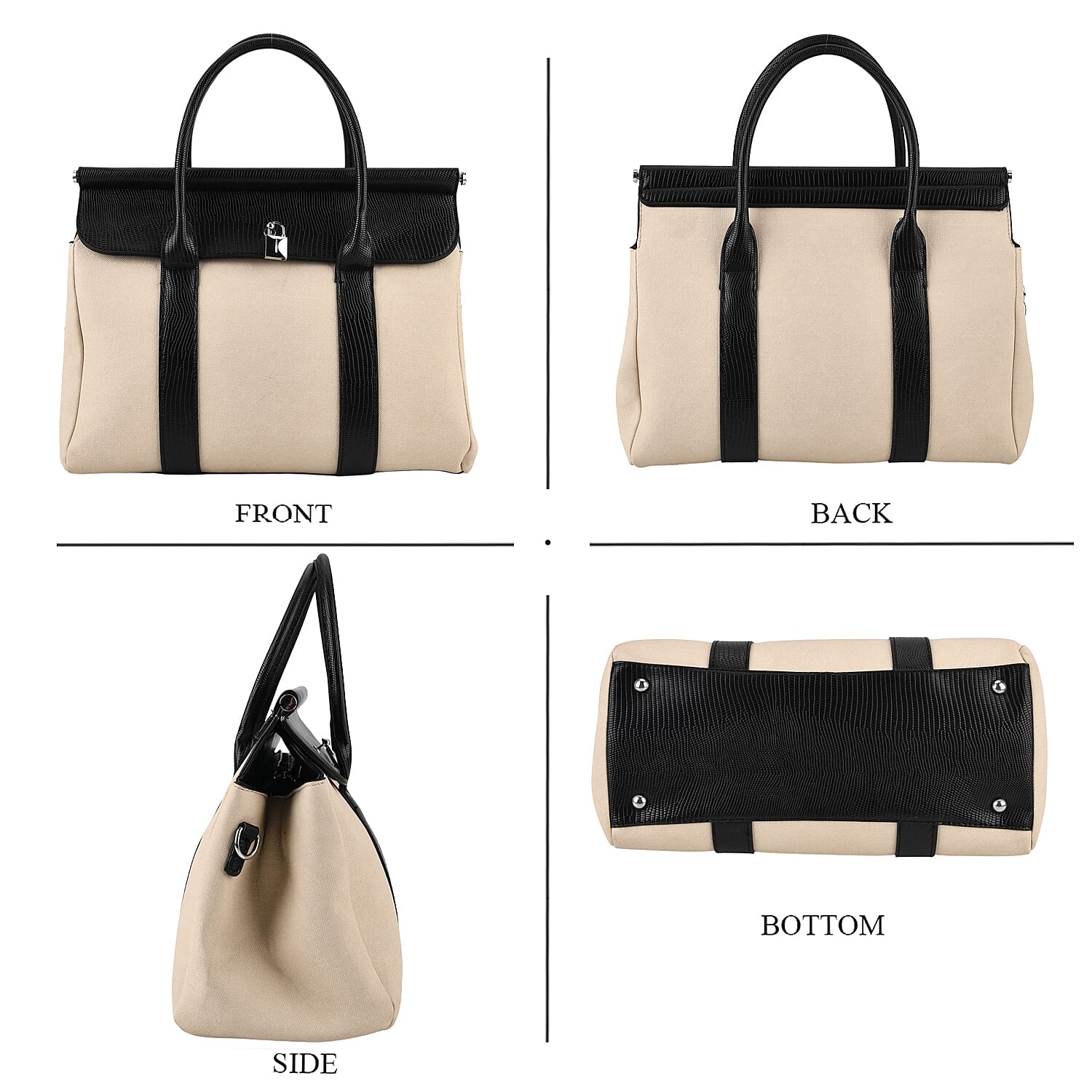 Elegant Herringbone Lined Satchel Handbag with Adjustable Strap - Black &amp; Off-White 8413844 5