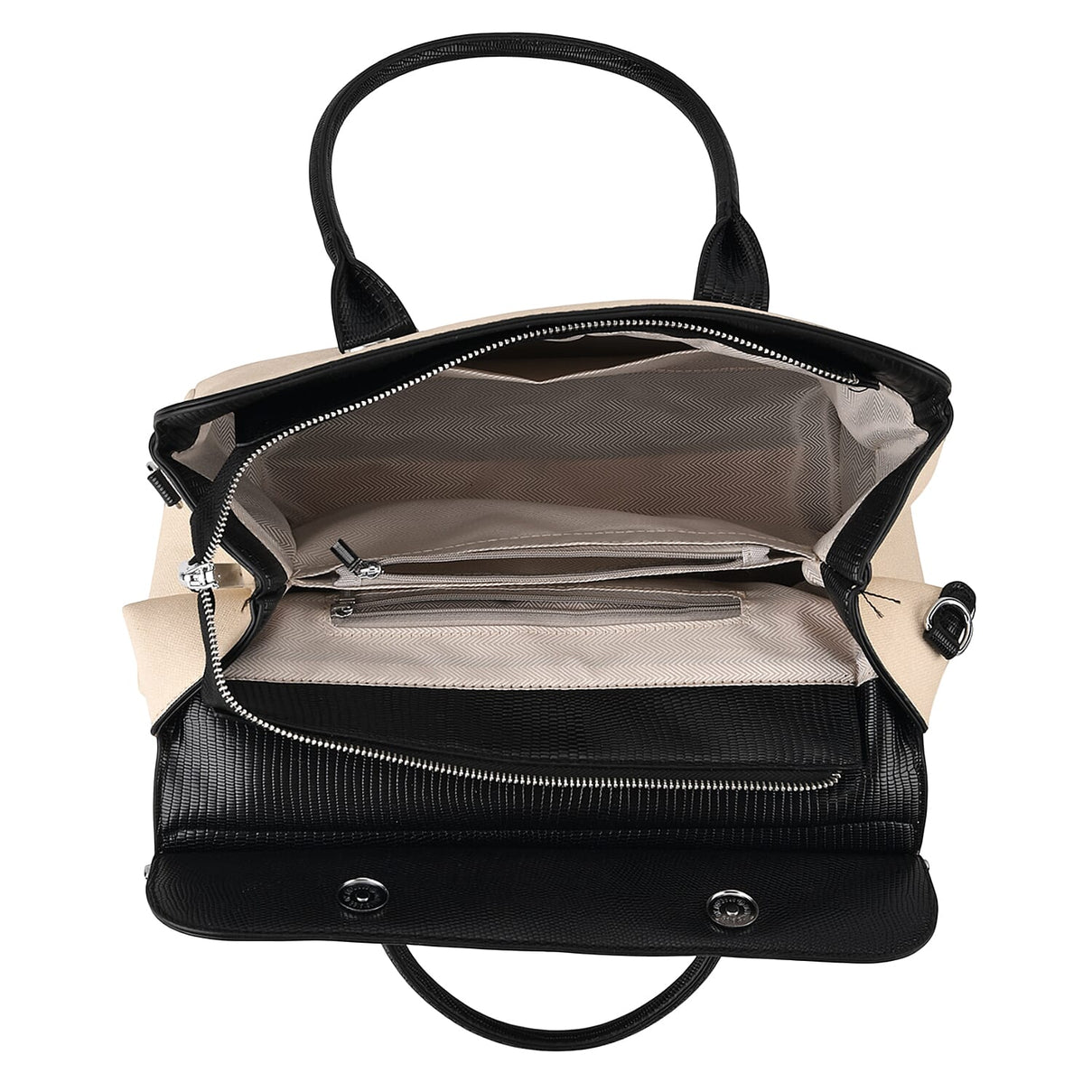 Elegant Herringbone Lined Satchel Handbag with Adjustable Strap - Black &amp; Off-White 8413844 6