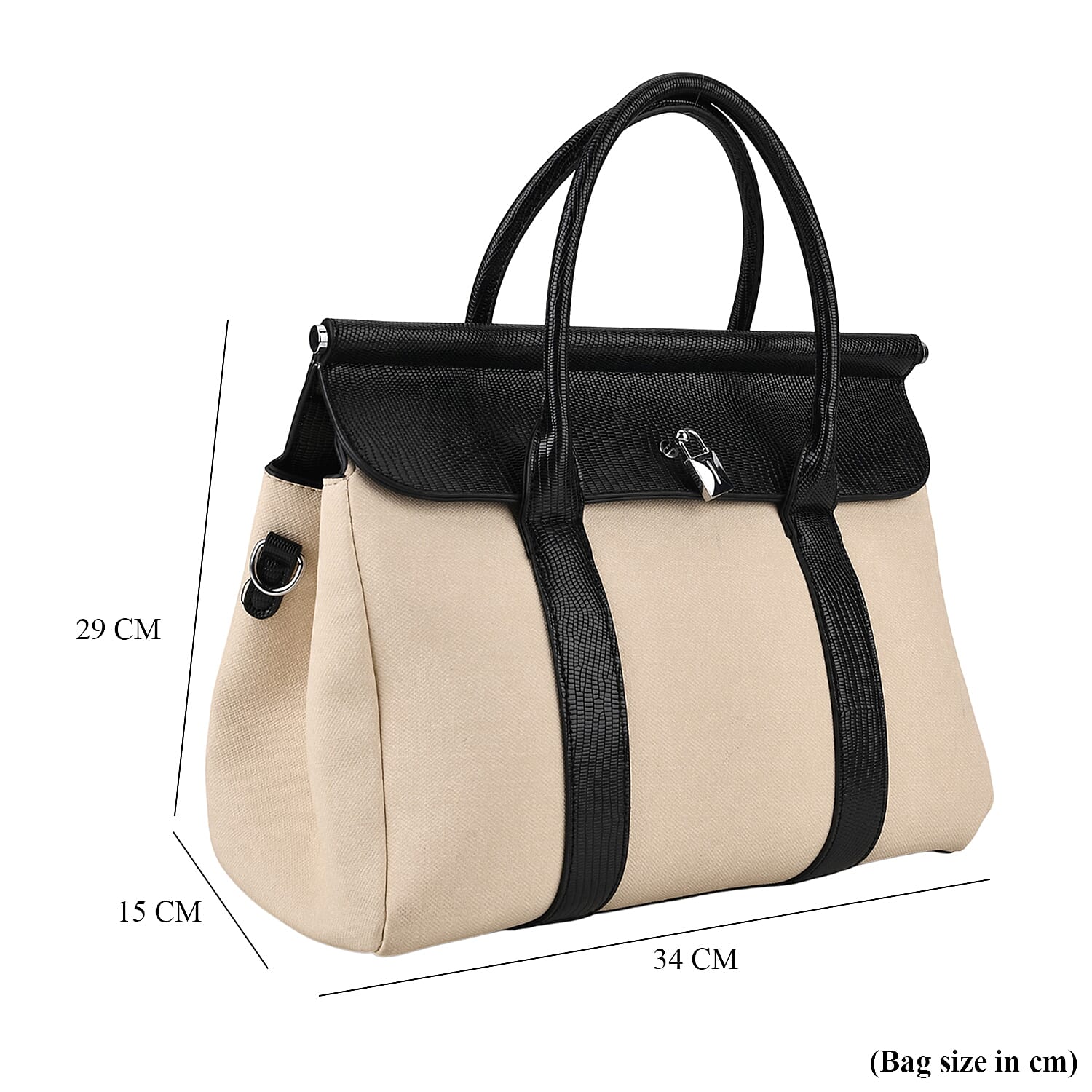 Elegant Herringbone Lined Satchel Handbag with Adjustable Strap - Black &amp; Off-White 8413844 8