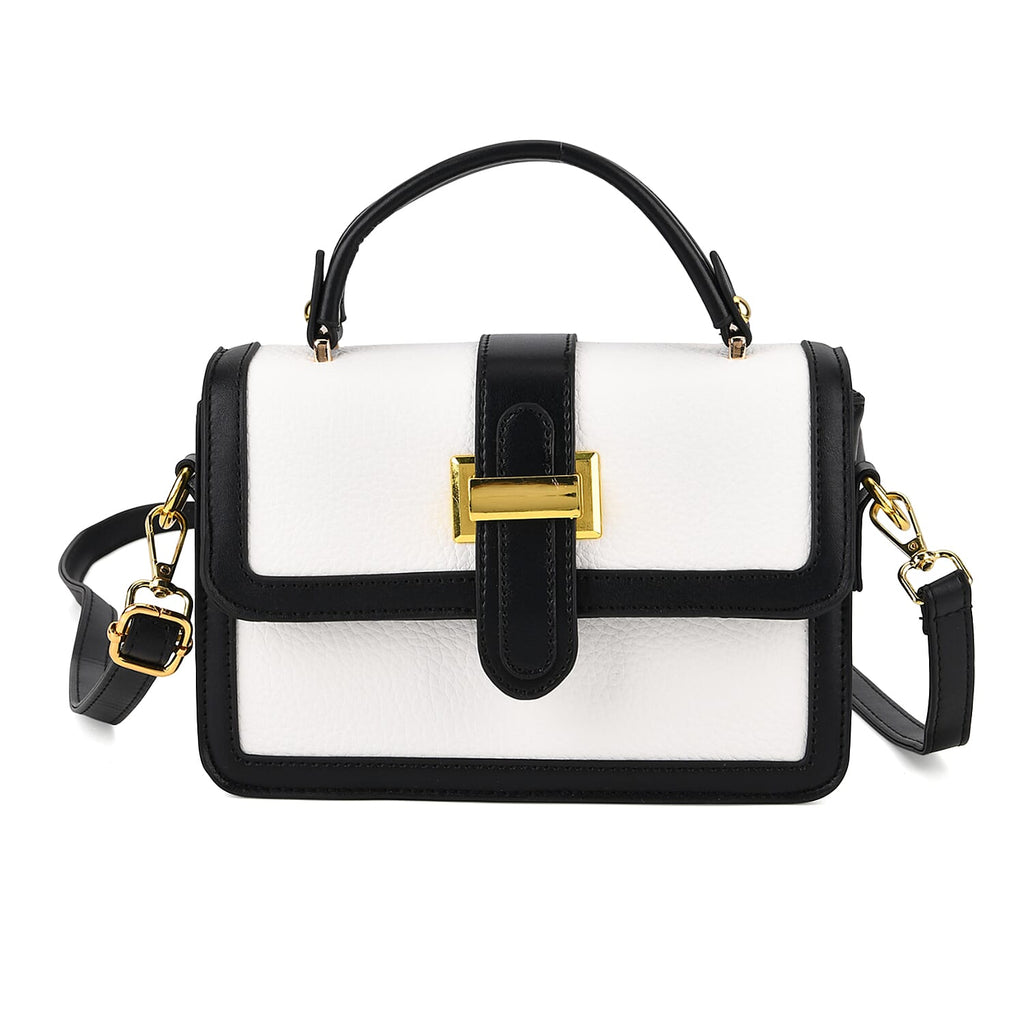 Designer Inspired Structured Two-Tone Top-Handle Handbag with Adjustable Crossbody Strap - Metallic Buckle - Black - White
