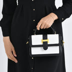 Designer Inspired Structured Two-Tone Top-Handle Handbag with Adjustable Crossbody Strap - Metallic Buckle - Black - White