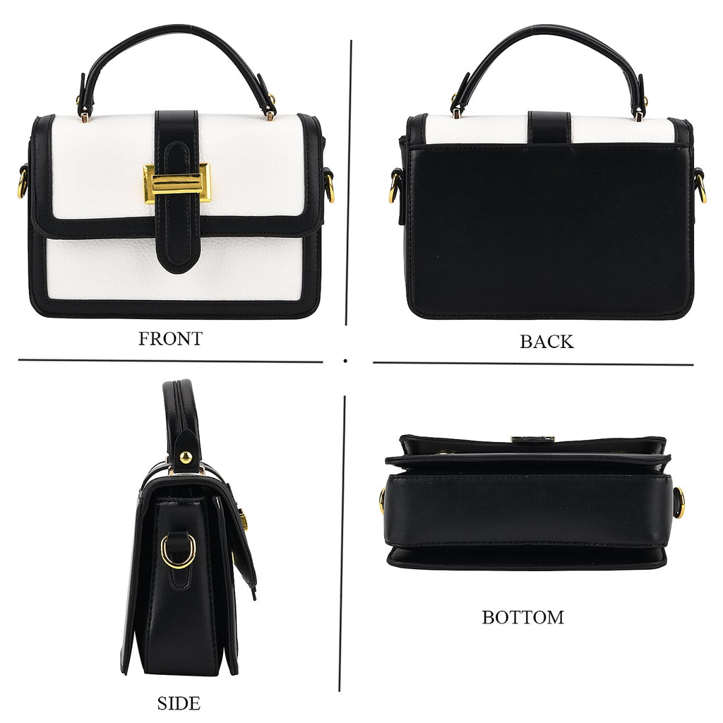 Designer Inspired Structured Two-Tone Top-Handle Handbag with Adjustable Crossbody Strap - Metallic Buckle - Black - White