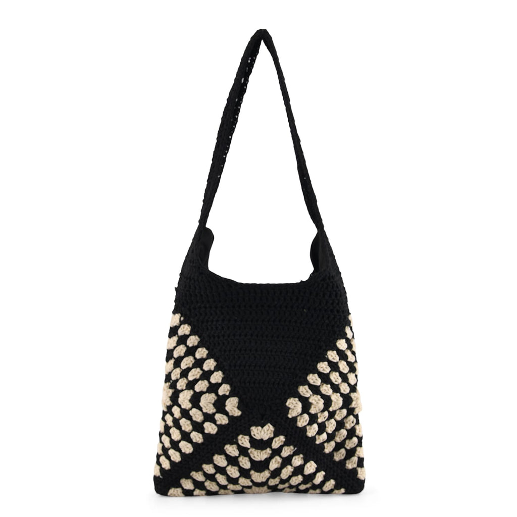 Granny Square Pattern Crochet Slouchy Tote Bag - Black White