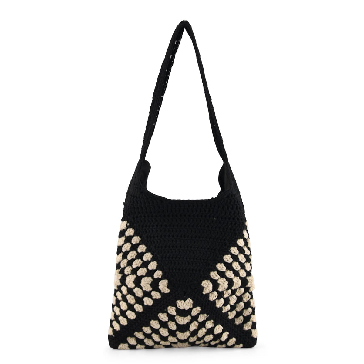 Granny Square Pattern Crochet Slouchy Tote Bag - Black White V32513182 0