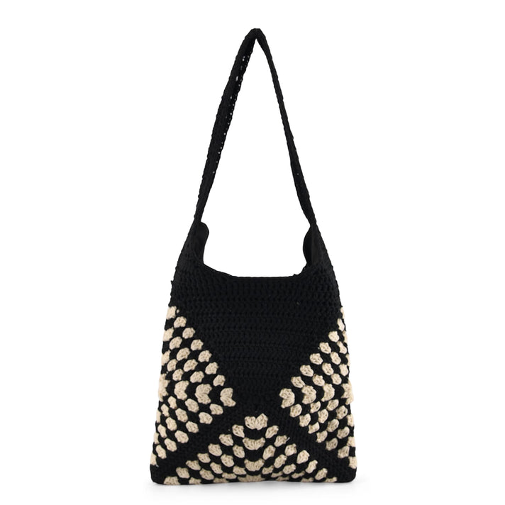 Granny Square Pattern Crochet Slouchy Tote Bag - Black White V32668180 1